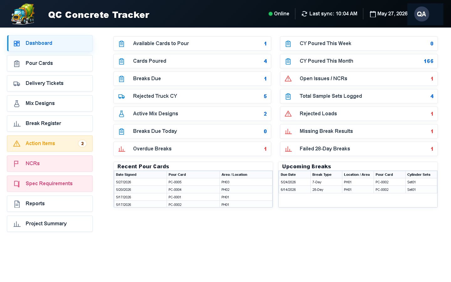 QC Concrete Tracker office dashboard