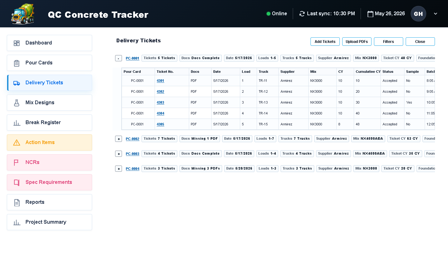 Delivery Ticket Register grouped by pour card